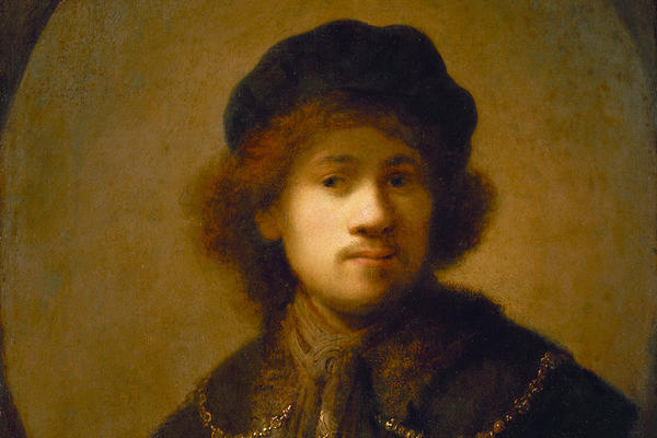 An oval-shaped painting of a young man in a dark cape and hat against a light background.