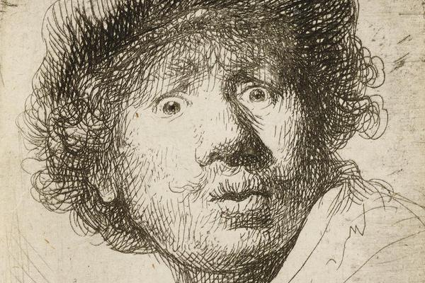 An etching of the artist Rembrandt pouting his lips with wide eyes and a furrowed brow, his expression shows surprise or fear.