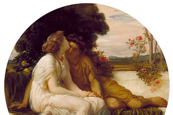 Circular Victorian oil painting of Acme and Septimius by Frederic Leighton showing two lovers taken from a love poem by the Roman poet Catullus