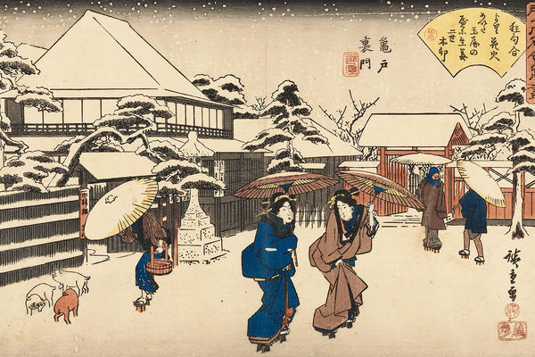 Two courtesans gather with our passers by at the Tamaya teahouse near the Kameido Shrine in a snow-filled scene