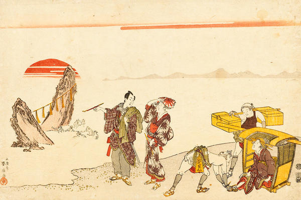 Travellers at Futamigaura beach, Japanese woodblock with sun in background 