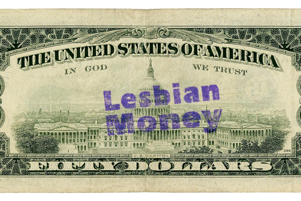 $50 US banknote countermarked with the words ‘Lesbian Money’