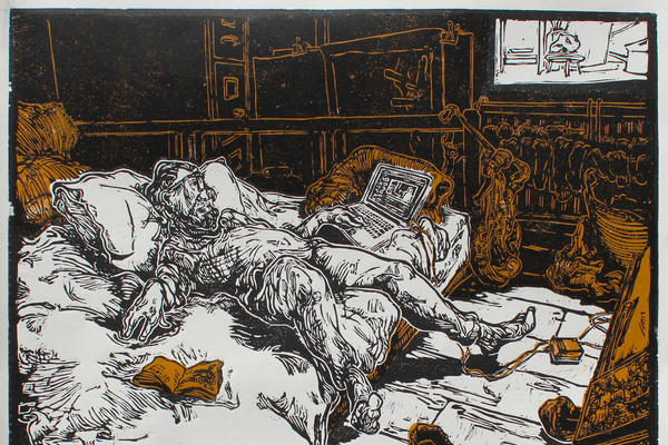 Woodcut print depicting a man laying on a bed looking at a laptop