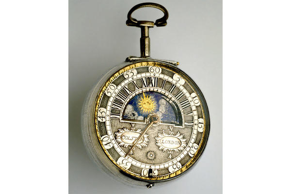 Silver pair-cased verge watch with sun-and-moon dial