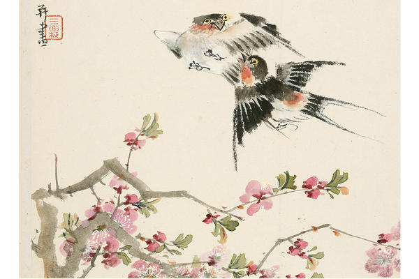Pair of swallows flying above branches of cherry blossom with Chinese calligraphy painting