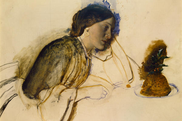 Incomplete painting of a woman looking at a Chrismtas pudding in front of her, decorated with holly leaves