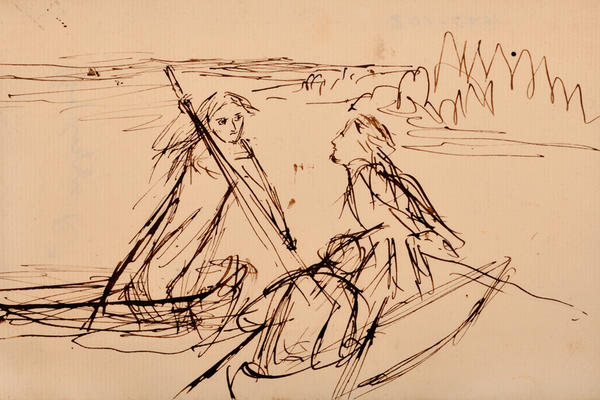 Drawing by Elizabeth Siddal of two men in a boat and a woman punting
