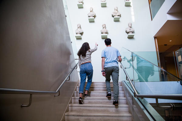 View from behind to museum visitors ascending a staircase, with busts on the wall in front of them