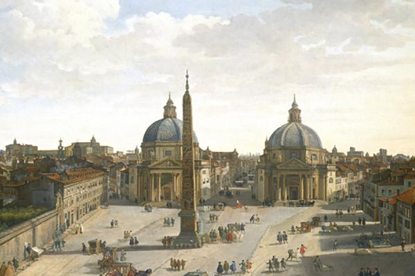 Painting from the 1700s of the Piazza del Popolo, Rome, by artist Giovanni Paolo Panini