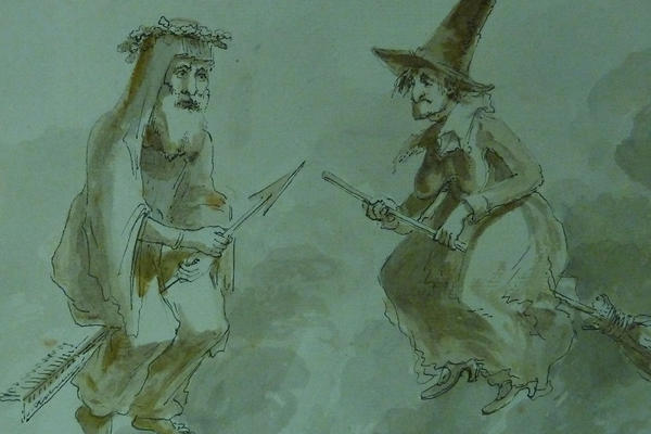 Witch on broomstick and old man print 