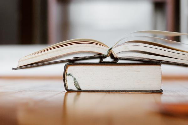 Close up photograph of books on a table