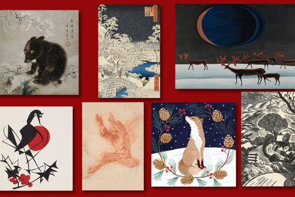 Selection of Christmas cards on a red background