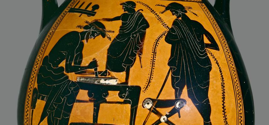 Athenian black-figure pelike showing a shoemaker at work, Greece, 6th-5th century BC