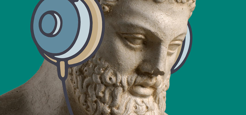 Cast of a sculpture, illustrated to be wearing headphones