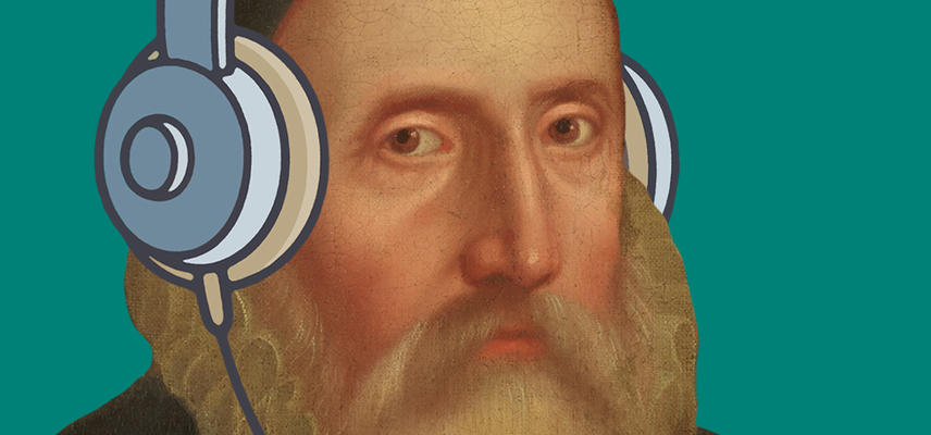 Portrait of a bearded man, illustrated with a pair of headphones