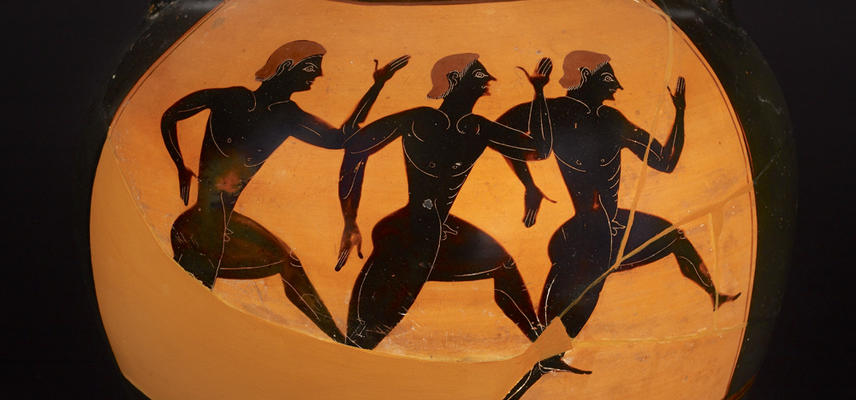 Runners on an orange and black ancient Greek pot