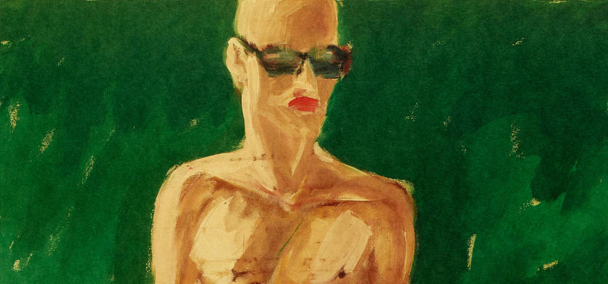 Rote Punkte (or Red Dots) print by Salome, 1995 - shows an almost naked with sunglasses and red lipstick against a green wash. Salome was a 90s German punk printer. Young & Wild? exhibition poster image