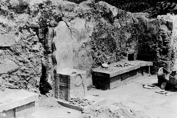 Photograph of the Throne Room of the Palace of Minos at Knossos, 1900