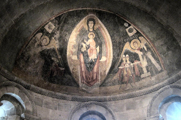 Romanesque fresco by the Master of Pedret depicting 'The Virgin and Child in Majesty and the Adoration of the Maji' from the apse of the Church of Saint Joan at Tredos, Lleida, Spain, about 1100