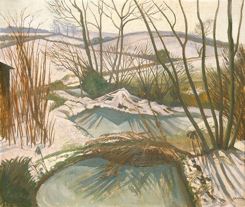 A muted painting of two frozen ponds on a cold winter's day, surrounded by snow-covered grass, reeds and bare branches, with rolling hills in the background