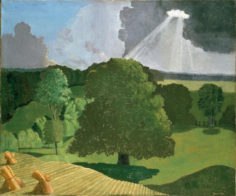 A green landscape with large tree at the centre, wheatfield with haystacks, and sun breaking through the clouds