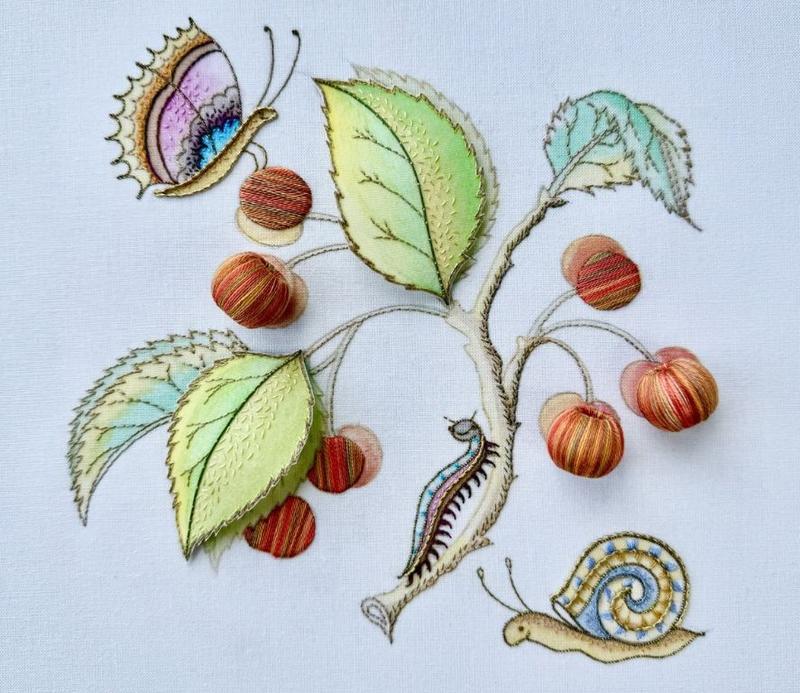 Example embroidery design by Nicola Jarvis, taking inspiration from the Flanders Cherry illustration in Tradescant's Orchard 