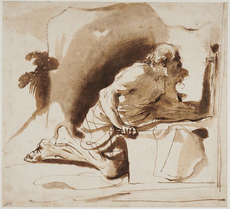 Pen and brown ink drawing of St Jerome seated at a low desk by a cave entrance