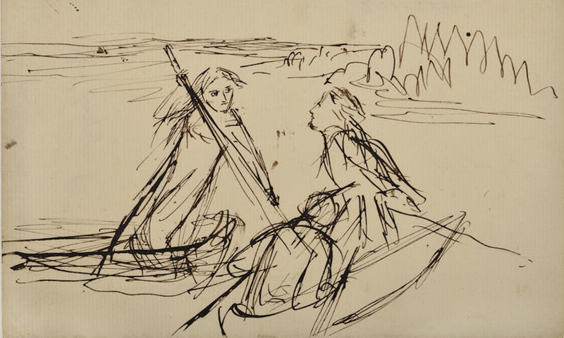 Elizabeth Siddal, Two men in a boat and a woman punting Elizabeth Siddal, Two men in a boat and a woman punting