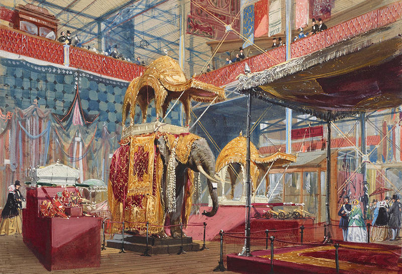 Great Exhibition: India display colour illustration showing the elephant sculpture by Joseph Nash, 1851