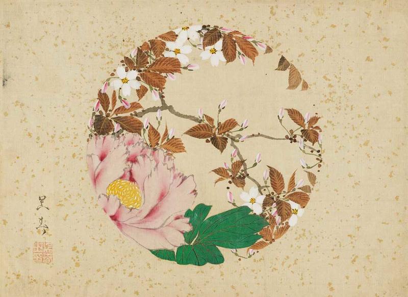 Circular painting of a large pink peony flowers and smaller cherry leaves and white blossom 