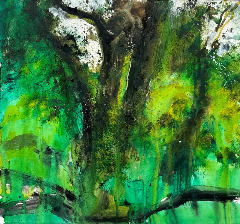 Abstract acrylic woodlands green and blacks painting by Kieran Stiles