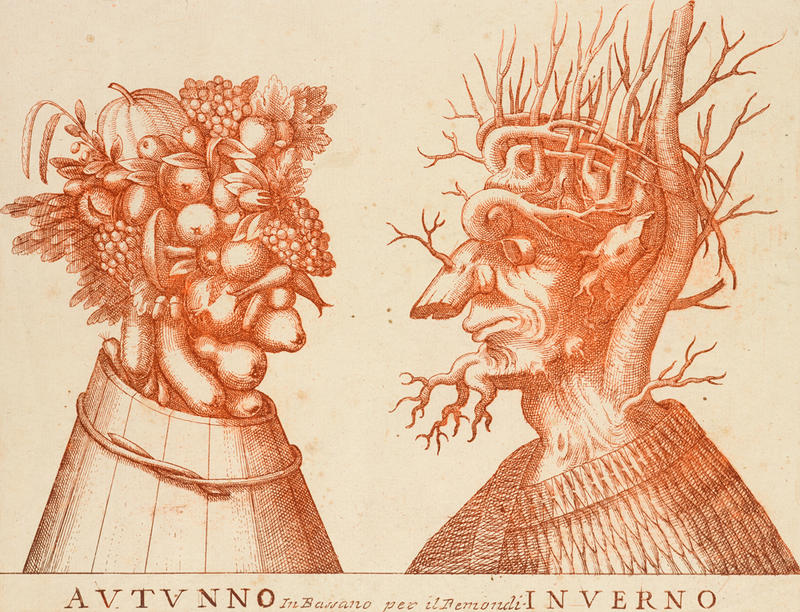 Print in red ink of two figures facing each other, one with a face made of fruit, and the other with a face made of a tree trunk