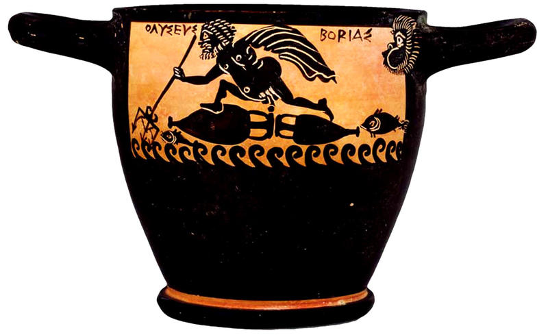Boeotian black-figure skyphos depicting Odysseus at sea