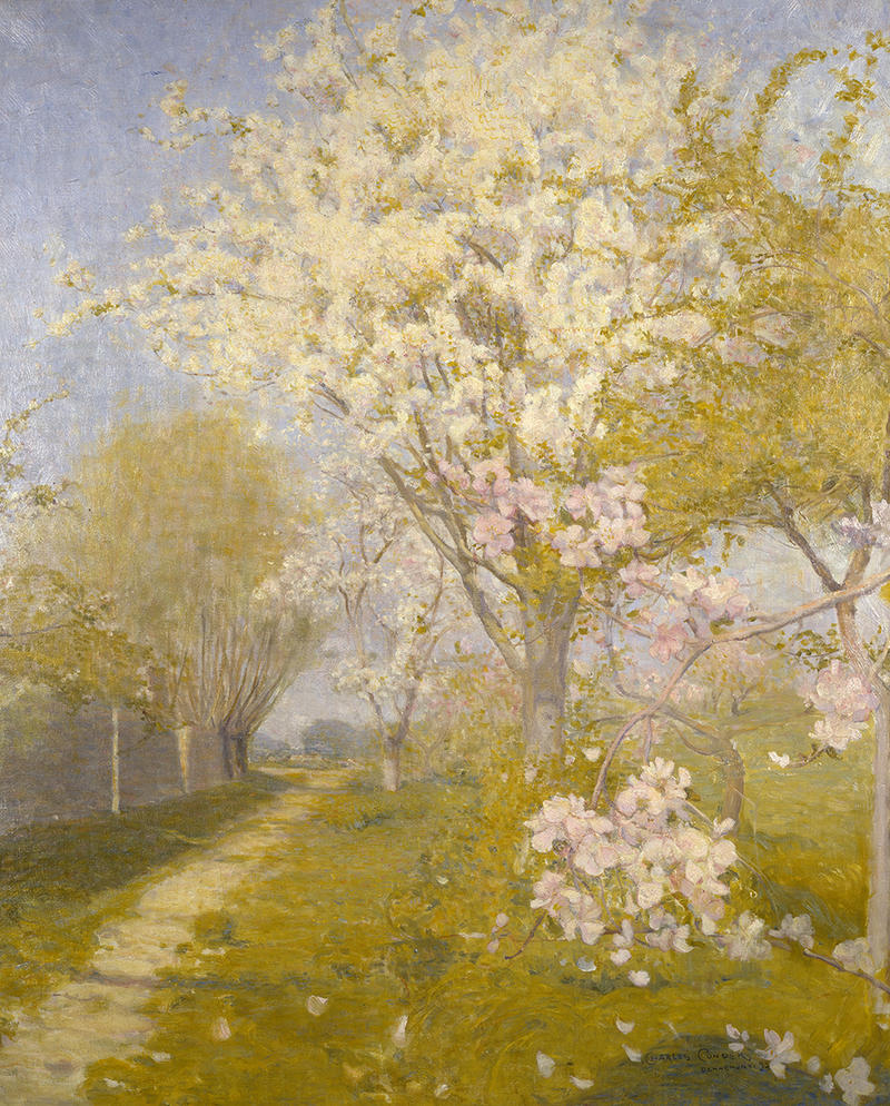 A landscape painting of tree-lined a pathway in spring