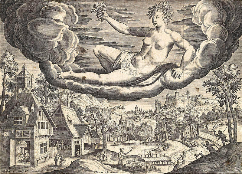 Black and white drawing of the goddess Aurora or Dawn floating on a cloud above a village scene
