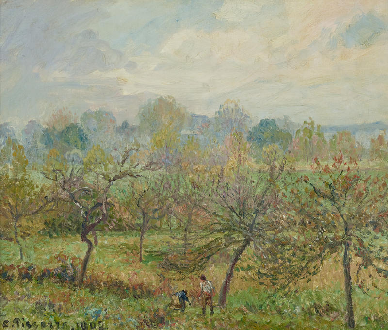 Landscape painting by Camille Pissarro of two small figures in a green field with trees both next to them and in the distance