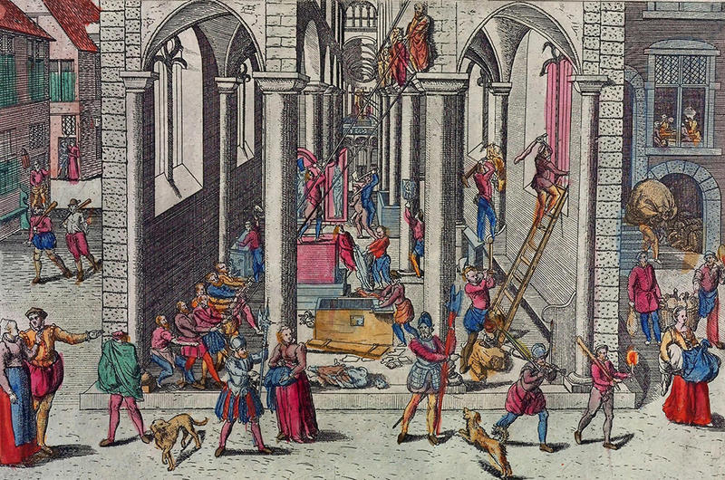 The Iconoclastic Fury in Antwerp Cathedral on 20 August 1566, Frans Hogenberg, c.1570, etching on laid paper (from the Atlas van Stolk, Rotterdam, 50442–66). Image in public domain. Courtesy Wikimedia Colourful 16th-century etching showing a lively scene in Antwerp Cathedral