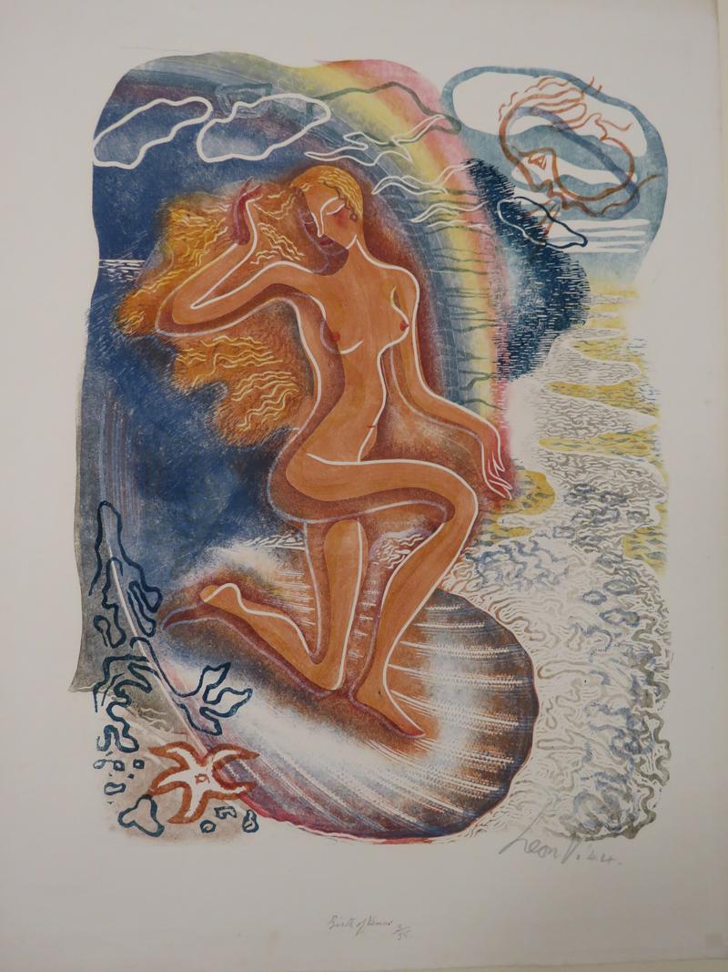 Modern illustration of the birth of Venus with her nude figure emerging from a blue crested wave and a starfish in the left corner