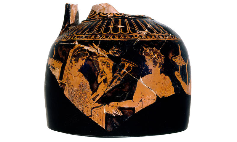Fragmentary Athenian red-figure vase showing a wedding ceremony and the smaller figure of Eros in between. This vase is called a loutrophoros 