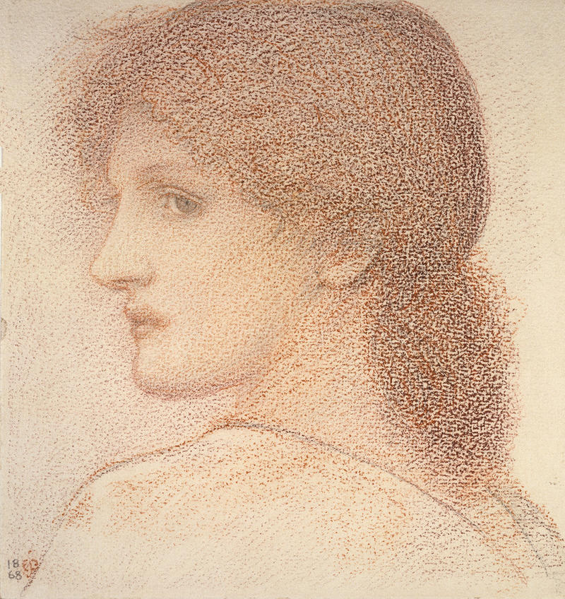 Study of a Woman's Head turned to the left drawing in black and red charcoal by artist Burne-Jones