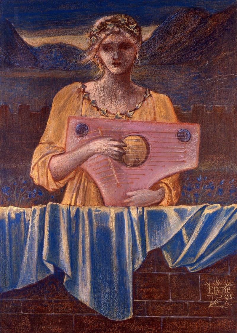 Colourful chalk drawing of a woman playing a plucked instrument