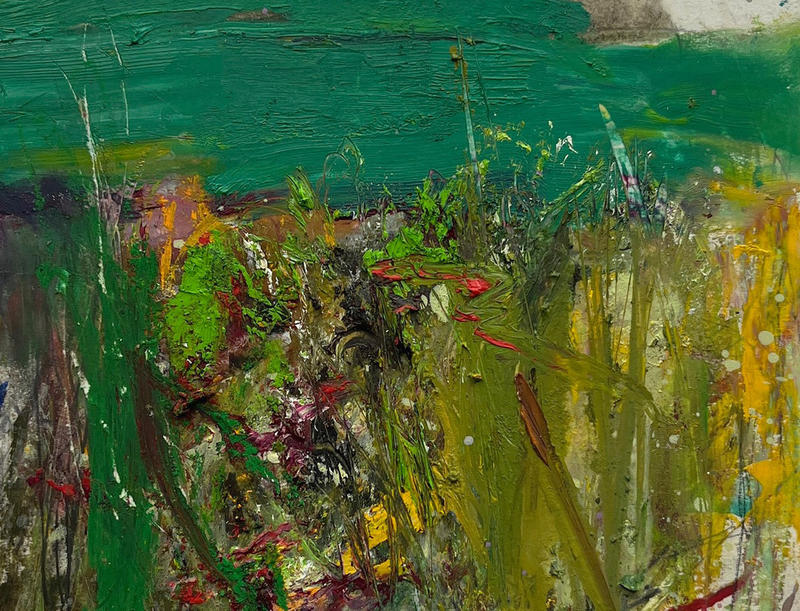 Kieran Stiles abstract landscape painting with greens and yellows inspired by Joan Eardley 