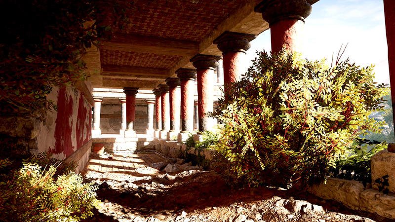 Video still from Assassin's Creed Game showing Knossos palace pillars and walkway