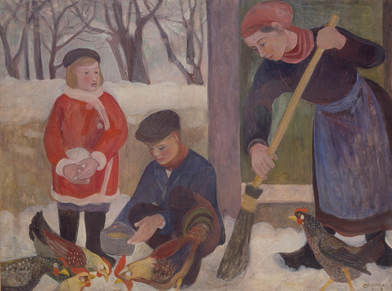 Winter farmyard scene with hens by Orovido Camille Pissarro, 1940 Winter farmyard scene with hens by Orovido Camille Pissarro, 1940