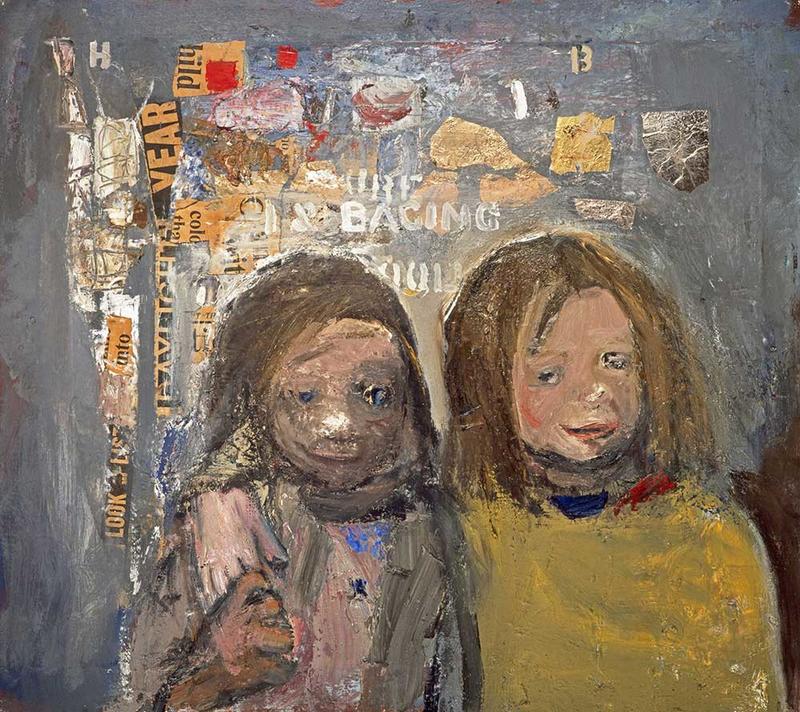 Joan Eardley's colourful Children and Chalked Wall painting showing two scruffy children together, smiling, against a wall decorated with a graffiti effect of oil, newspaper and metal foil