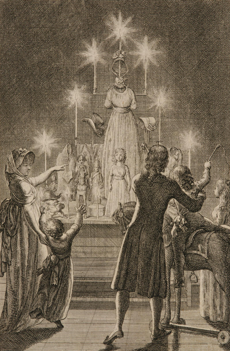 An etching made in 1799 showing a family celebrating Christmas. A child sits on top of a toy horse, and in the background we see tall bright candles.
