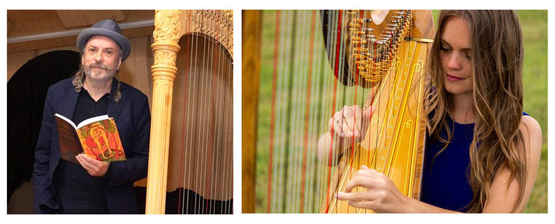 Poet Chris Hutton on left reciting poetry and harpist Lucy Nolan playing her harp on right
