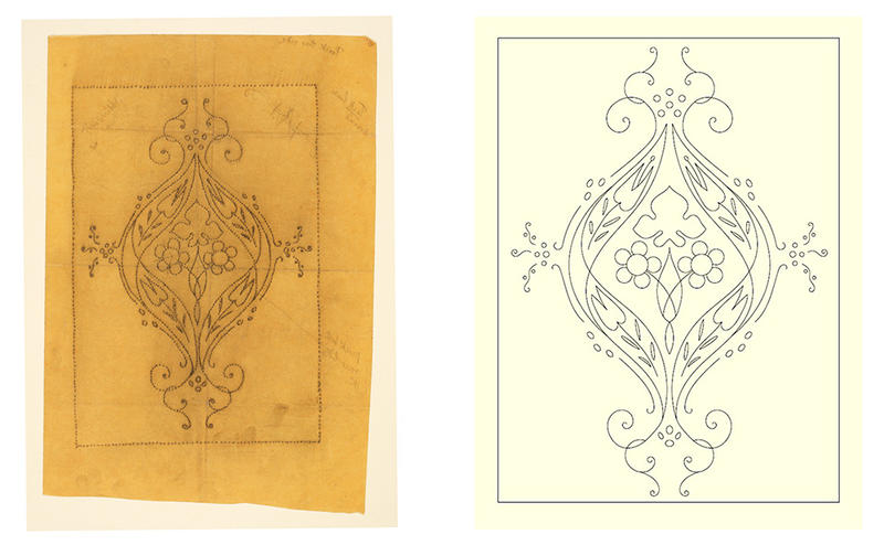 May Morris pattern flower outline from one of her scrapbooks and the pattern outline May Morris flower embroidery design from her scrapbooks with the pattern outline on the right showing geometric shapes