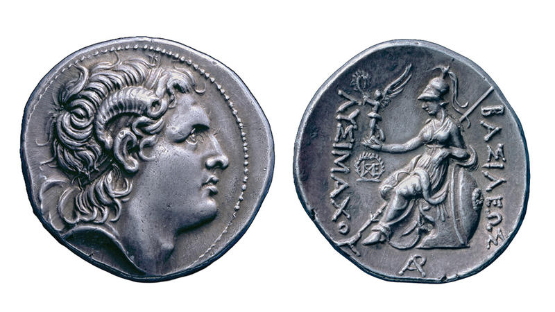 Front and reverse of ancient Hellenic silver coin showing rulers Alexander the Great's profile on front and seated Athena on the reverse