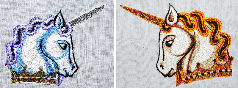 Two embrolidered unicorn heads facing each other, the left is in blue and whtie and the right in brown, orange and white